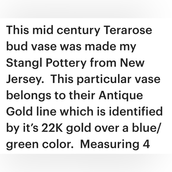 STANGL HAND PAINTED MID CENTURY 22K ANTIQUE GOLD TEA ROSE VASE MADE IN THE USA - Picture 6 of 6